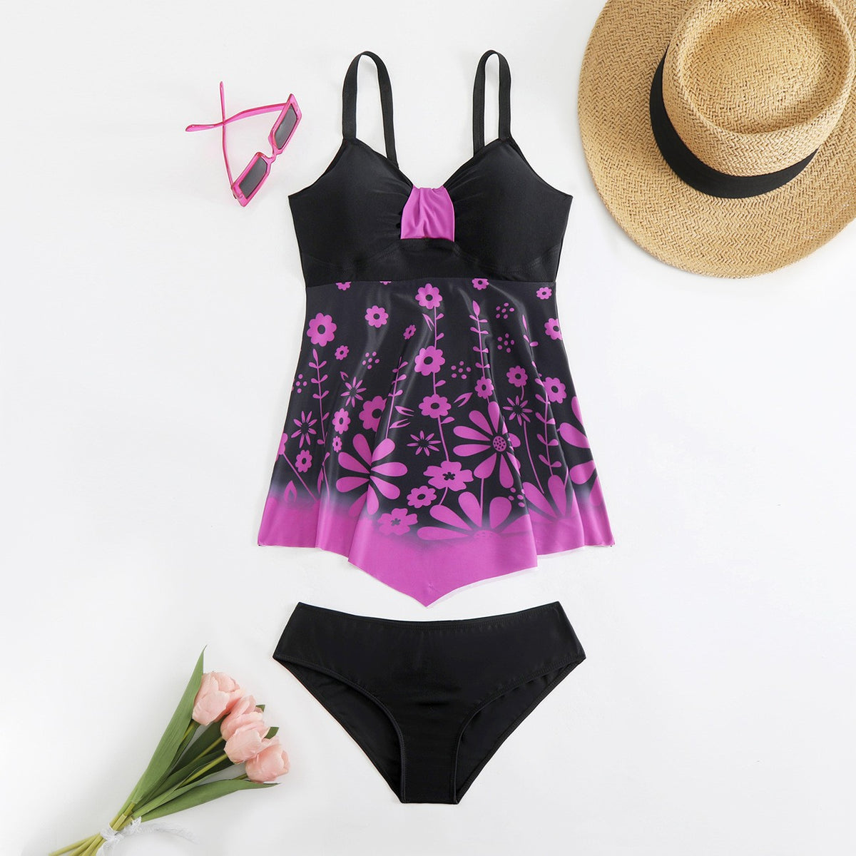 Floral Print Cyan Ombre Swimdress And Panty Cyan