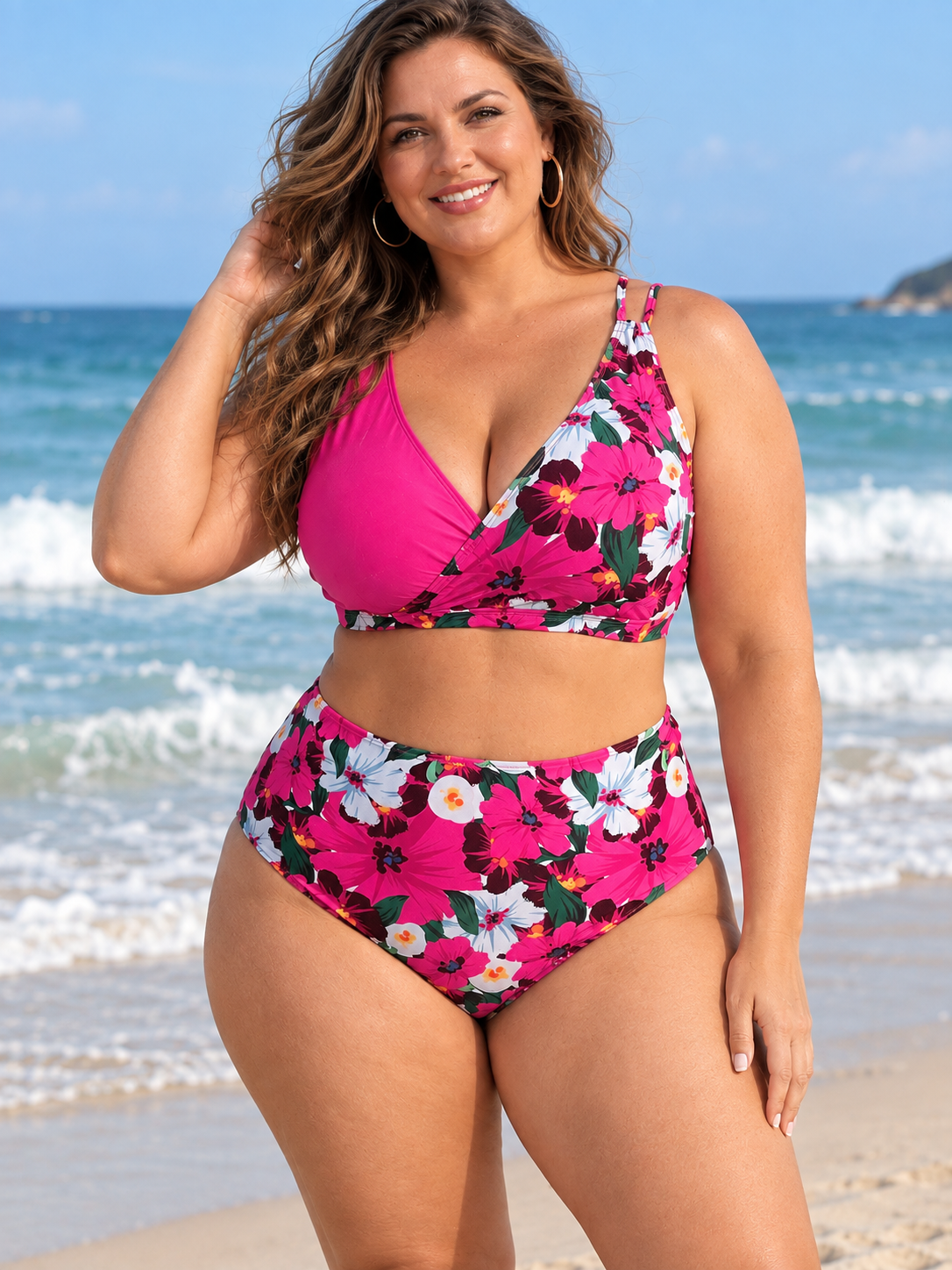 Plus Size Floral Wrap Bikini Set with High-Waisted Bottoms
