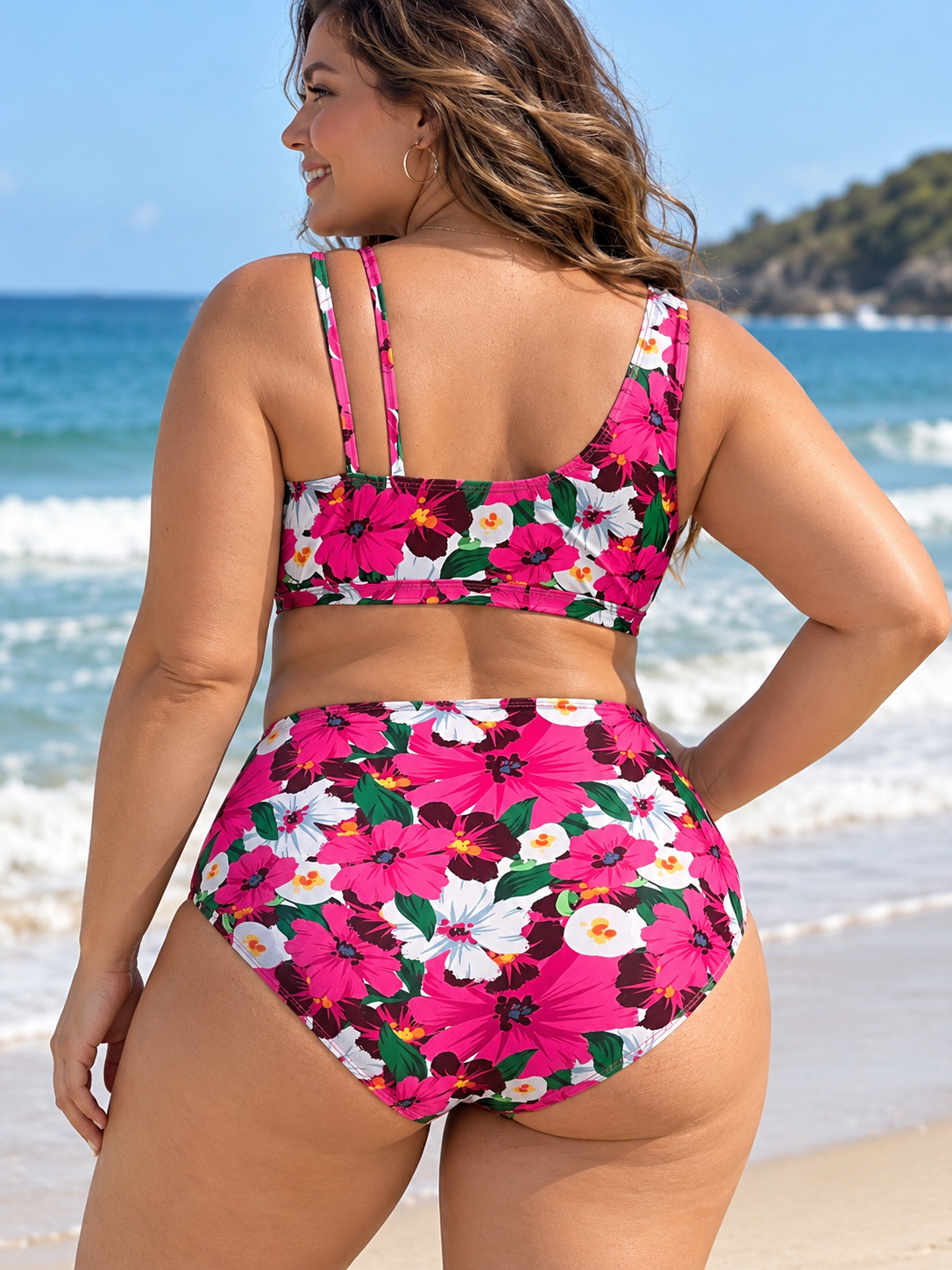 Plus Size Floral Wrap Bikini Set with High-Waisted Bottoms