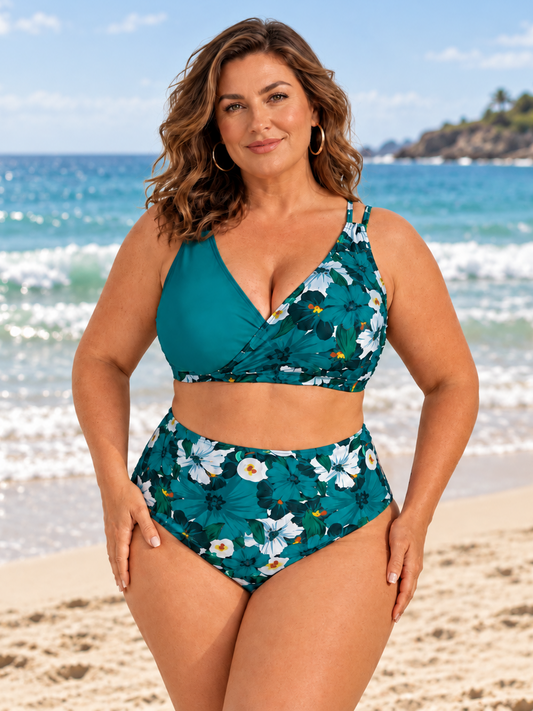 Plus Size Floral Wrap Bikini Set with High-Waisted Bottoms