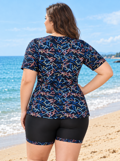Plus Size Geometric Short Sleeve Tankini with Boyleg Shorts