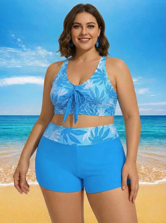 Floral Print Tie-Front Bikini for Women - Black V-Neck Bikini Top and High Waisted Boy Short Bottoms Blue