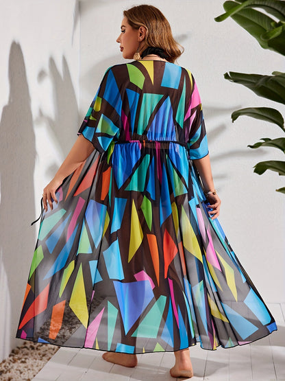 Plus Size Geometric Print Maxi Beach Cover-Up with Drawstring Waist