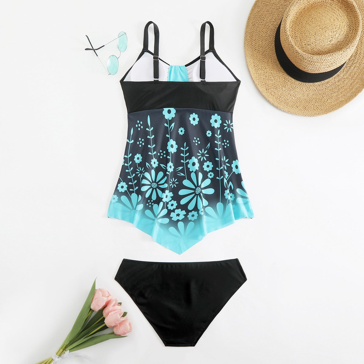 Floral Print Cyan Ombre Swimdress And Panty Cyan