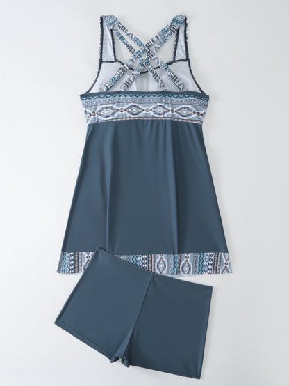 Plus Size Pink & Blue Abstract Print Swim Dress - Flattering Ruched Front