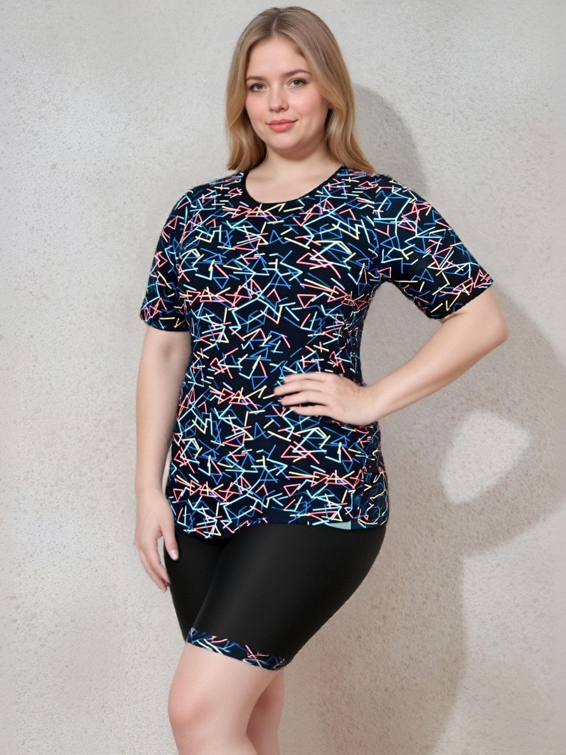 Plus Size Geometric Short Sleeve Tankini with Boyleg Shorts
