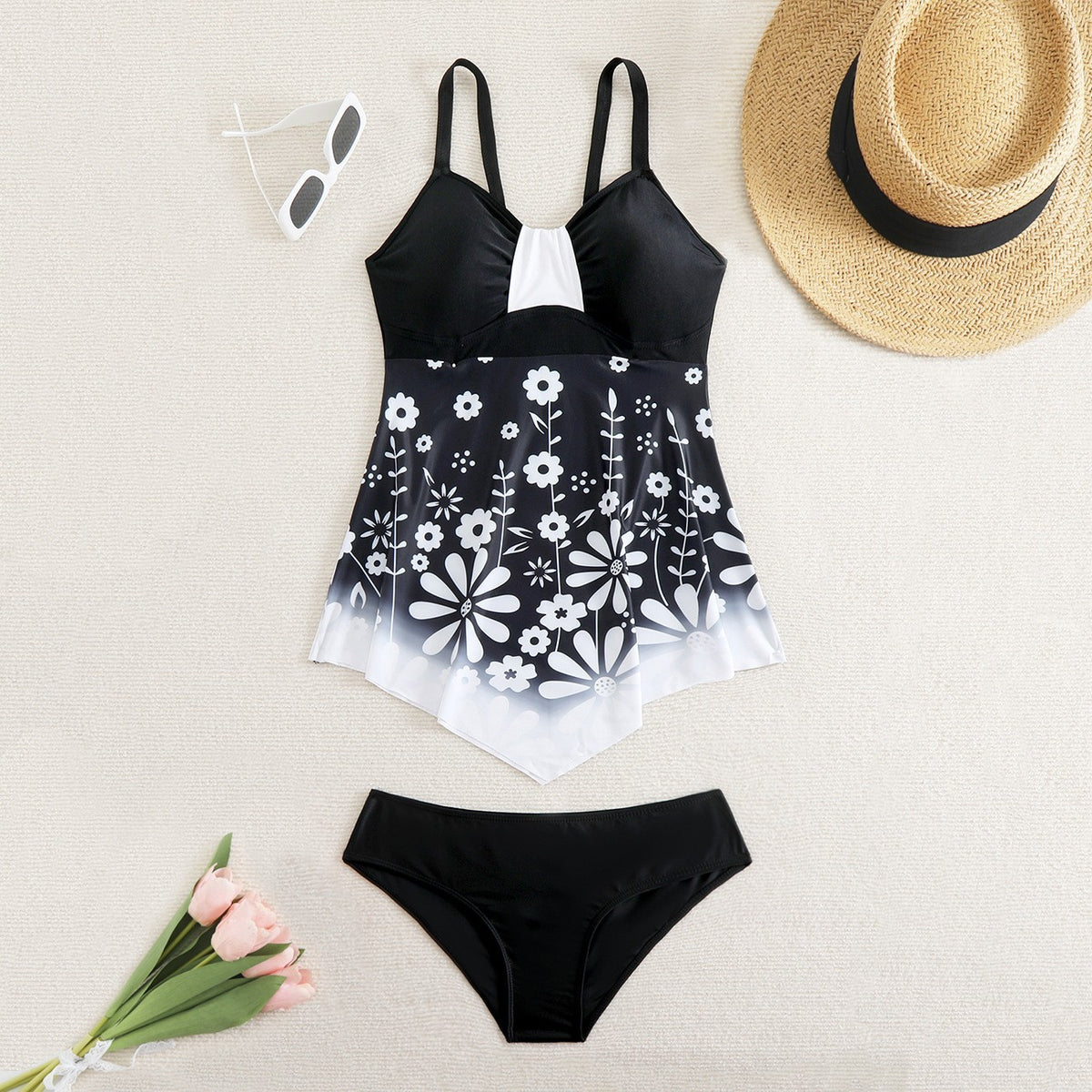 Floral Print Cyan Ombre Swimdress And Panty Cyan