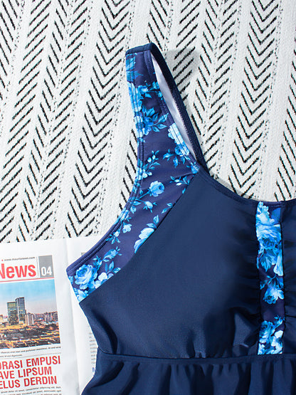Navy Floral Peplum Tankini Set with Tummy Control & Boy-leg Shorts
