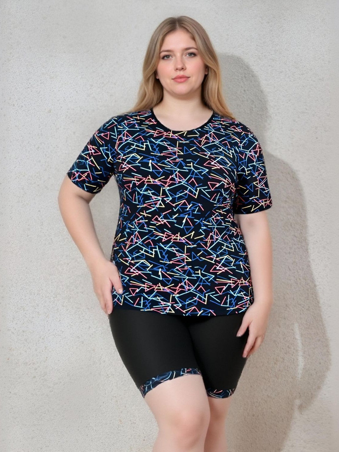 Plus Size Geometric Short Sleeve Tankini with Boyleg Shorts