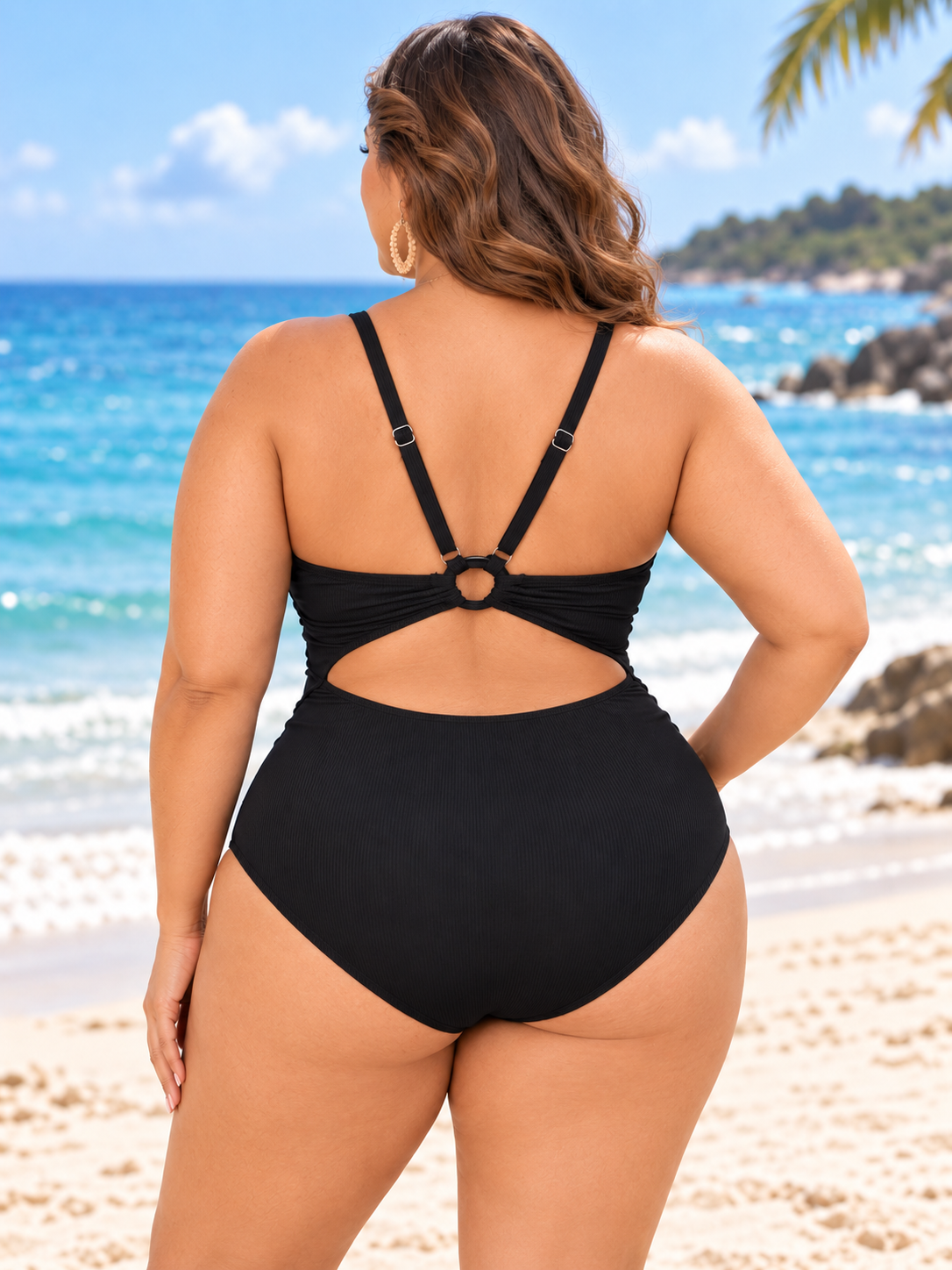 Plus Size Ribbed Ruched Cutout-Back One-Piece Swimsuit