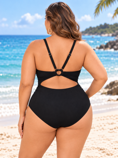 Plus Size Ribbed Ruched Cutout-Back One-Piece Swimsuit