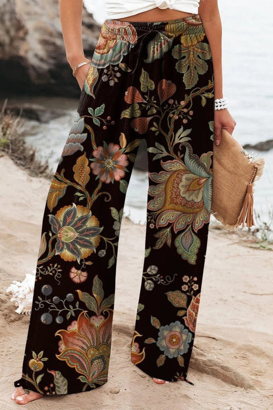 Retro Colorful Flowers Printed Cotton And Linen Casual Pants